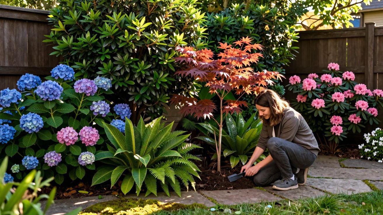 Mulher a plantar árvore num jardim com flores coloridas e folhagem verde junto a vedação de madeira.