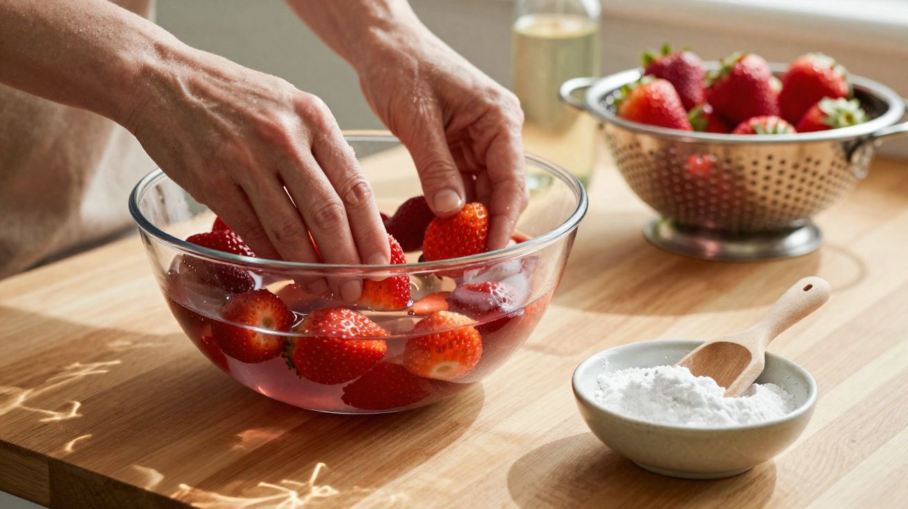 Mãos a lavar morangos em água numa taça de vidro, com morangos num passador e açúcar numa tigela ao lado.