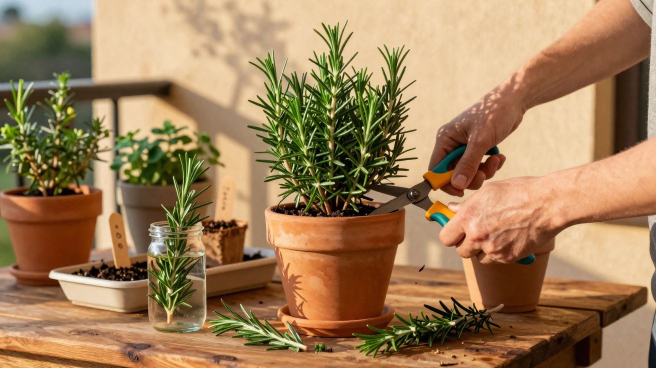 Pessoa a podar plantas aromáticas em vasos de barro sobre uma mesa de madeira ao ar livre.