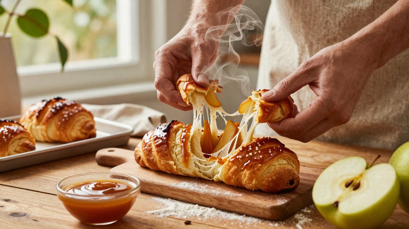 Mãos a partir croissant quente recheado com queijo derretido e fatias de maçã numa tábua de madeira.