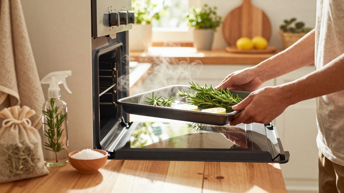 Pessoa a retirar tabuleiro com ervas e limão do forno numa cozinha luminosa e organizada.