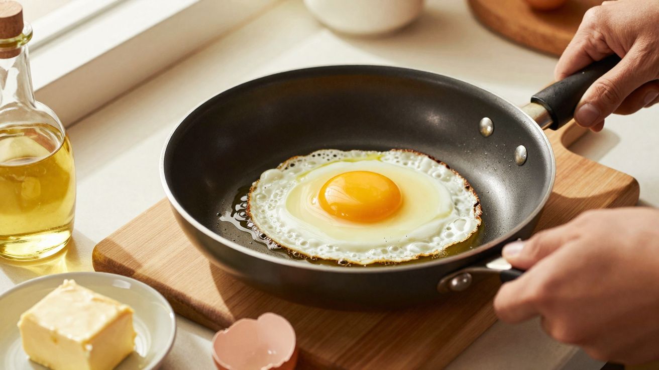 Pessoa a cozinhar ovo estrelado numa frigideira preta sobre tábua de madeira na cozinha clara.