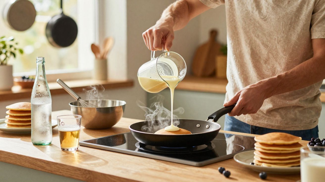 Pessoa a verter massa para uma frigideira quente para fazer panquecas numa cozinha iluminada.