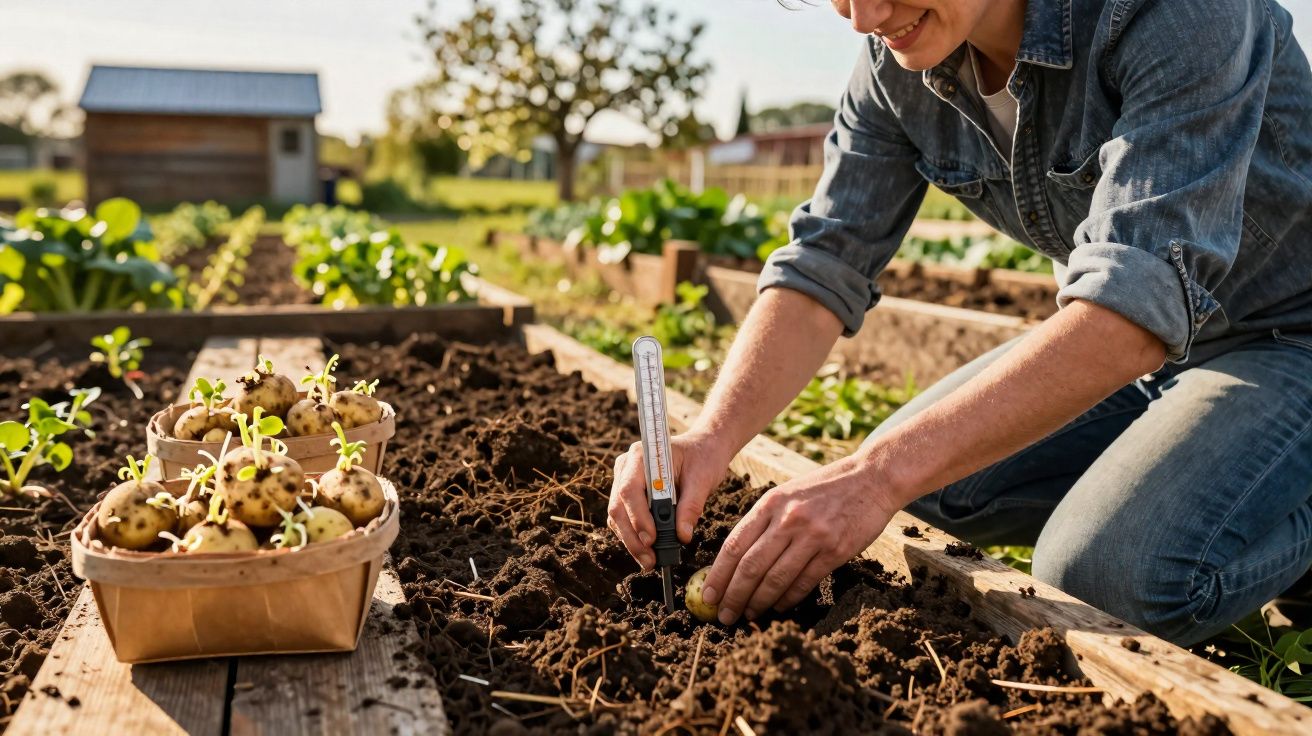 Mulher a plantar batatas num canteiro de madeira numa horta ao ar livre num dia solarengo.