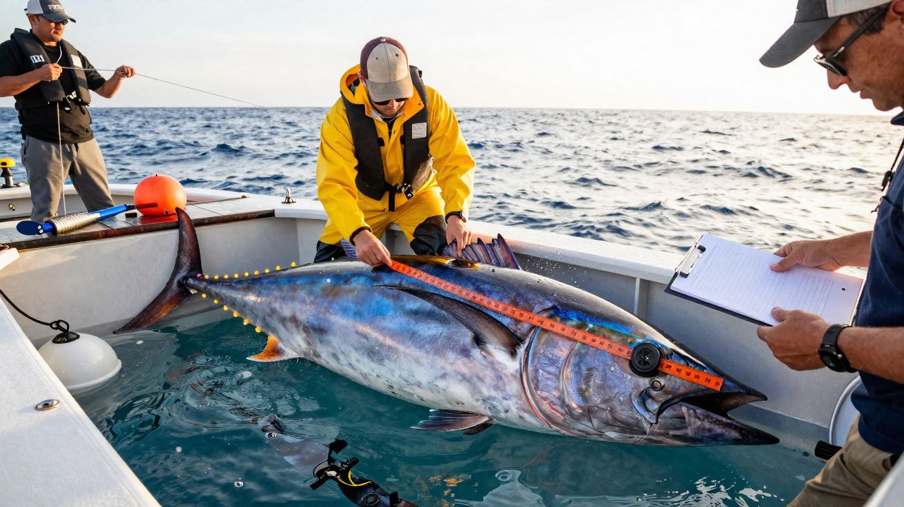Pescadores a medir um atum gigante num barco no mar calmo ao amanhecer.
