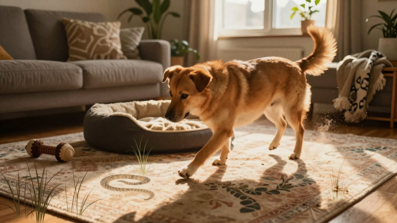 Cão castanho a brincar num tapete numa sala iluminada pelo sol com sofá, almofadas e plantas.