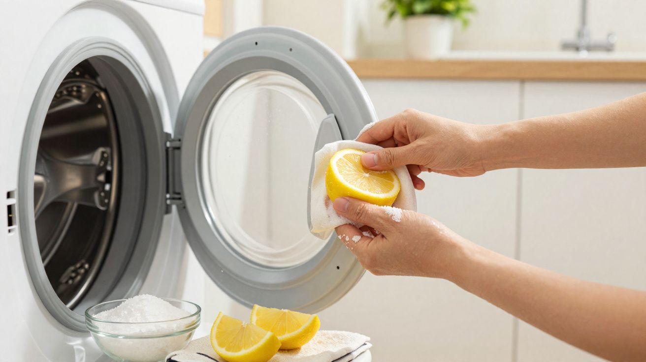 Mãos a limpar a porta da máquina de lavar com meio limão e sal na cozinha branca.
