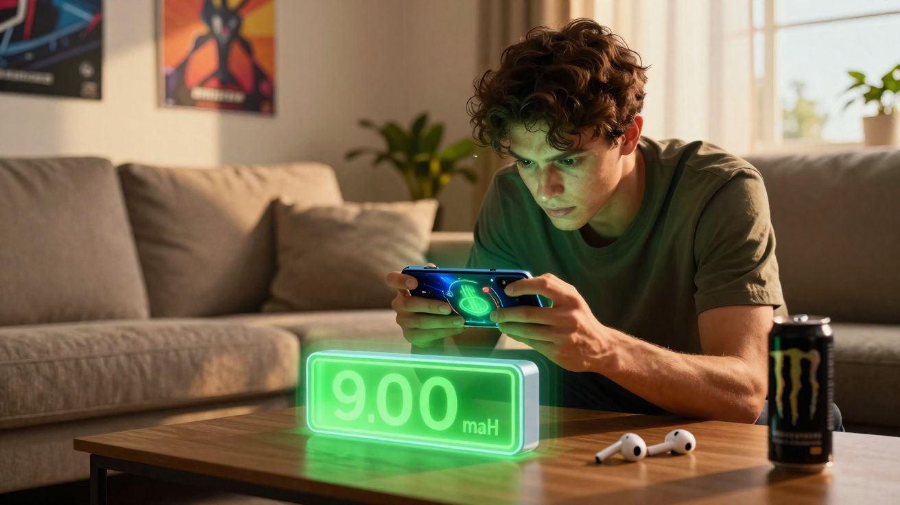 Jovem a jogar no telemóvel, com gráfico holográfico a mostrar carregamento de 9.00 mAh na mesa.