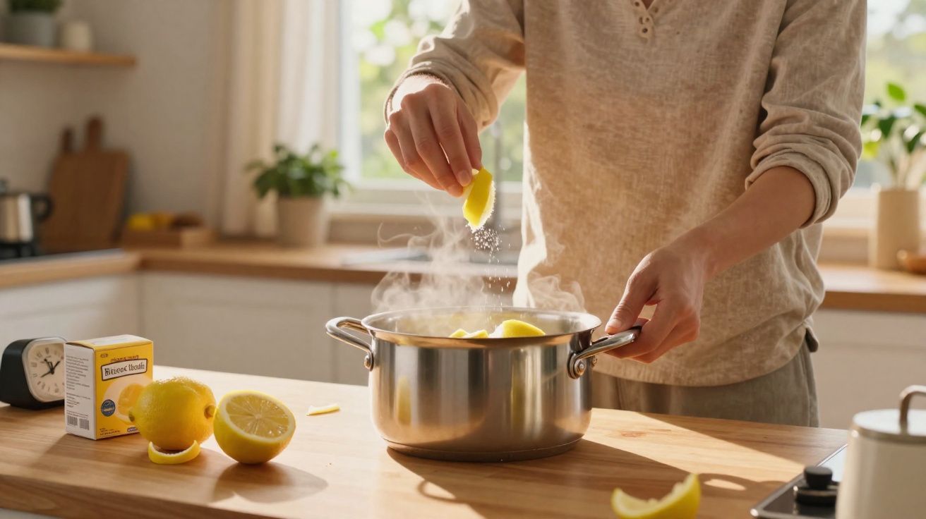Pessoa a segurar limão e a temperar com sal uma panela de inox com legumes a cozinhar.