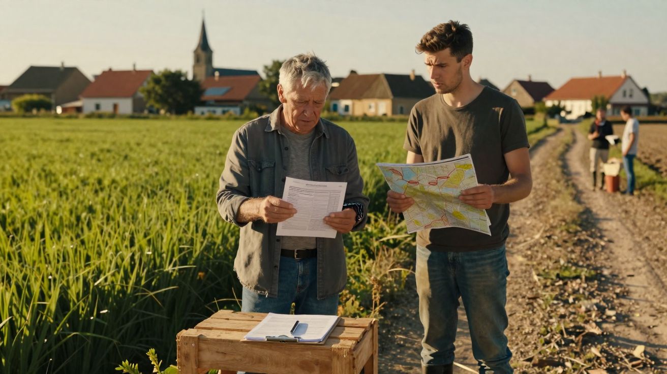 Dois homens analisam documentos e um mapa numa plantação, com casas e igreja ao fundo, ao pôr do sol.