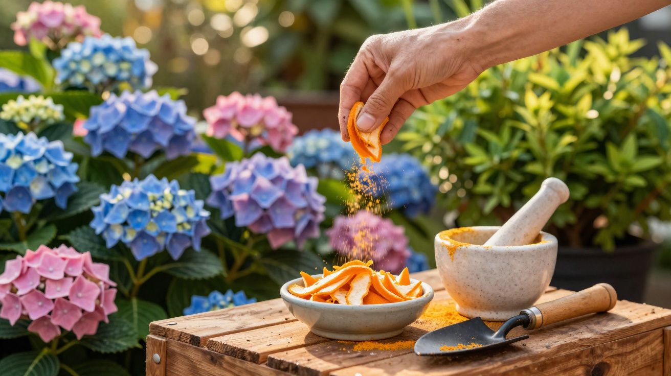 Mão a espremer pedaços de tangerina sobre um almofariz, com flores multicolores ao fundo.