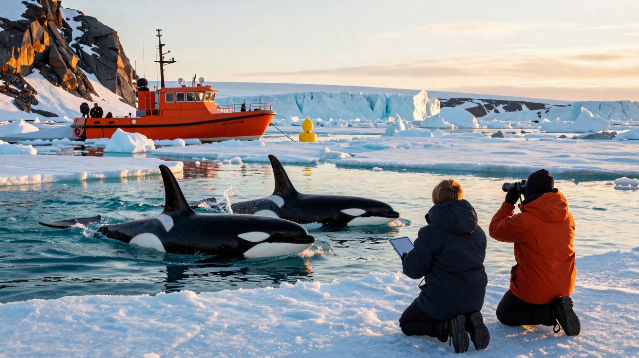 Duas pessoas observam e fotografam orcas perto de um barco laranja em águas geladas com icebergues ao fundo.