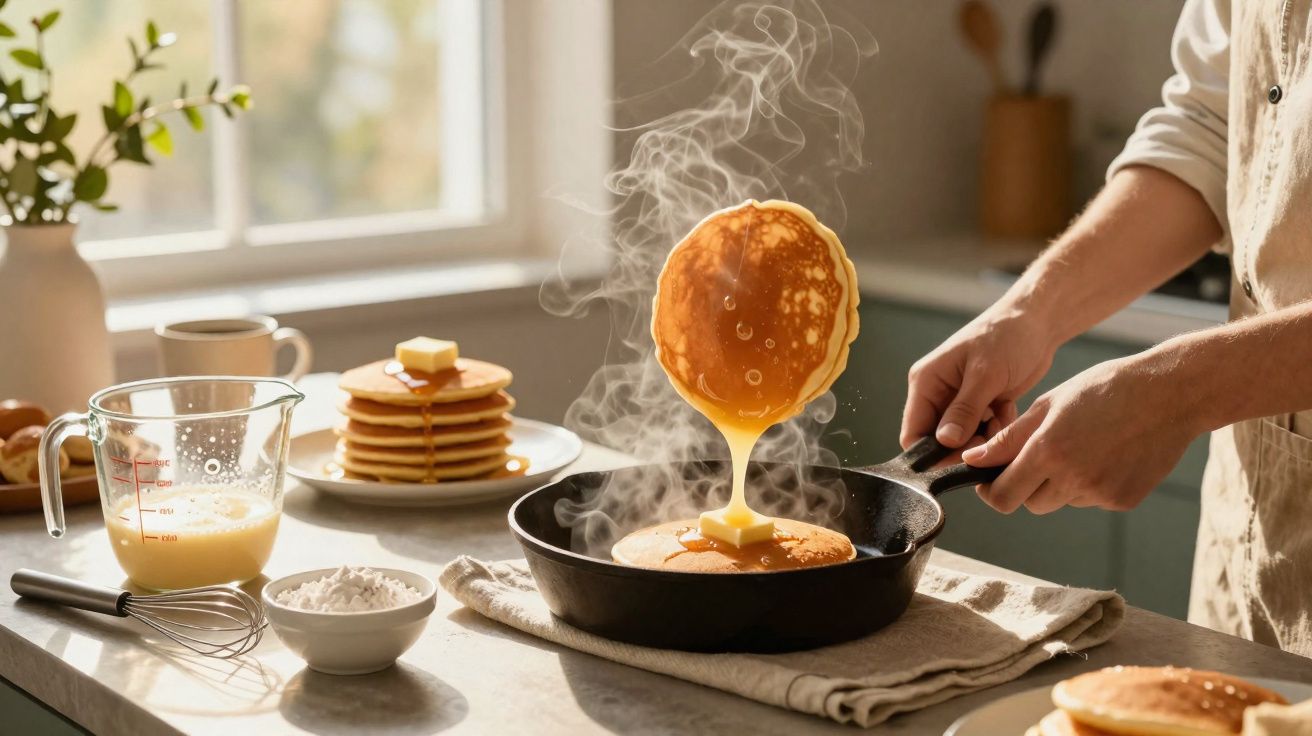 Pessoa a fazer panquecas quentes numa frigideira com manteiga e xarope a escorrer numa cozinha iluminada.