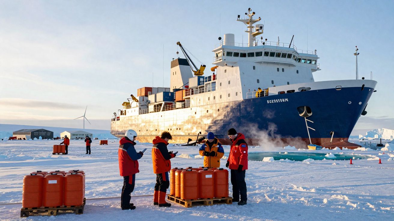 Quatro pessoas em roupa de frio junto a contentores laranja em terreno gelado com navio de carga ao fundo.