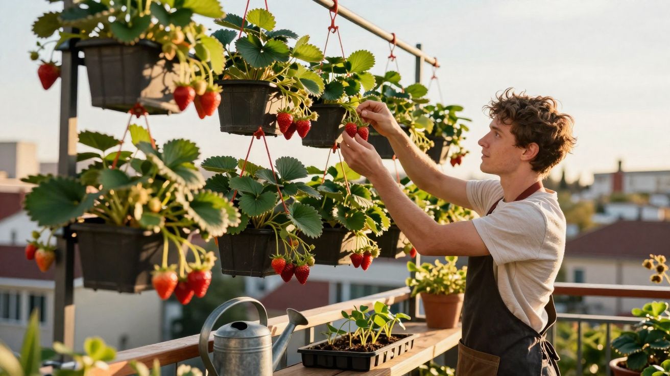 Homem colhe morangos em vasos suspensos numa varanda ao pôr do sol.