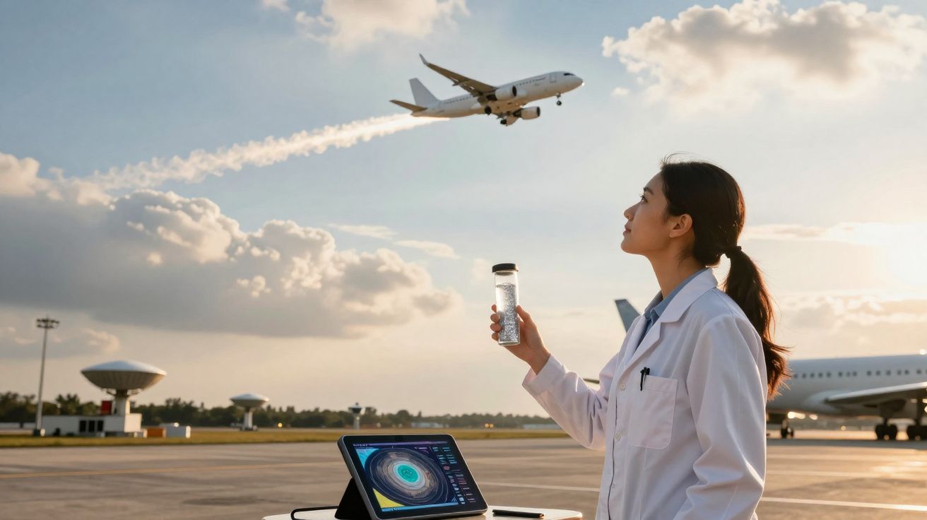 Mulher com bata branca segura garrafa e observa avião a aterrar em aeroporto ao pôr do sol.