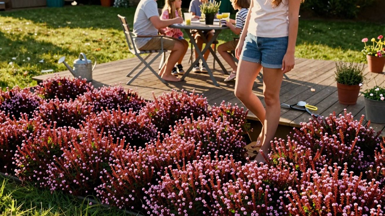 Jovem de pé junto a flores cor-de-rosa com família sentada a apreciar sumo numa mesa no jardim.