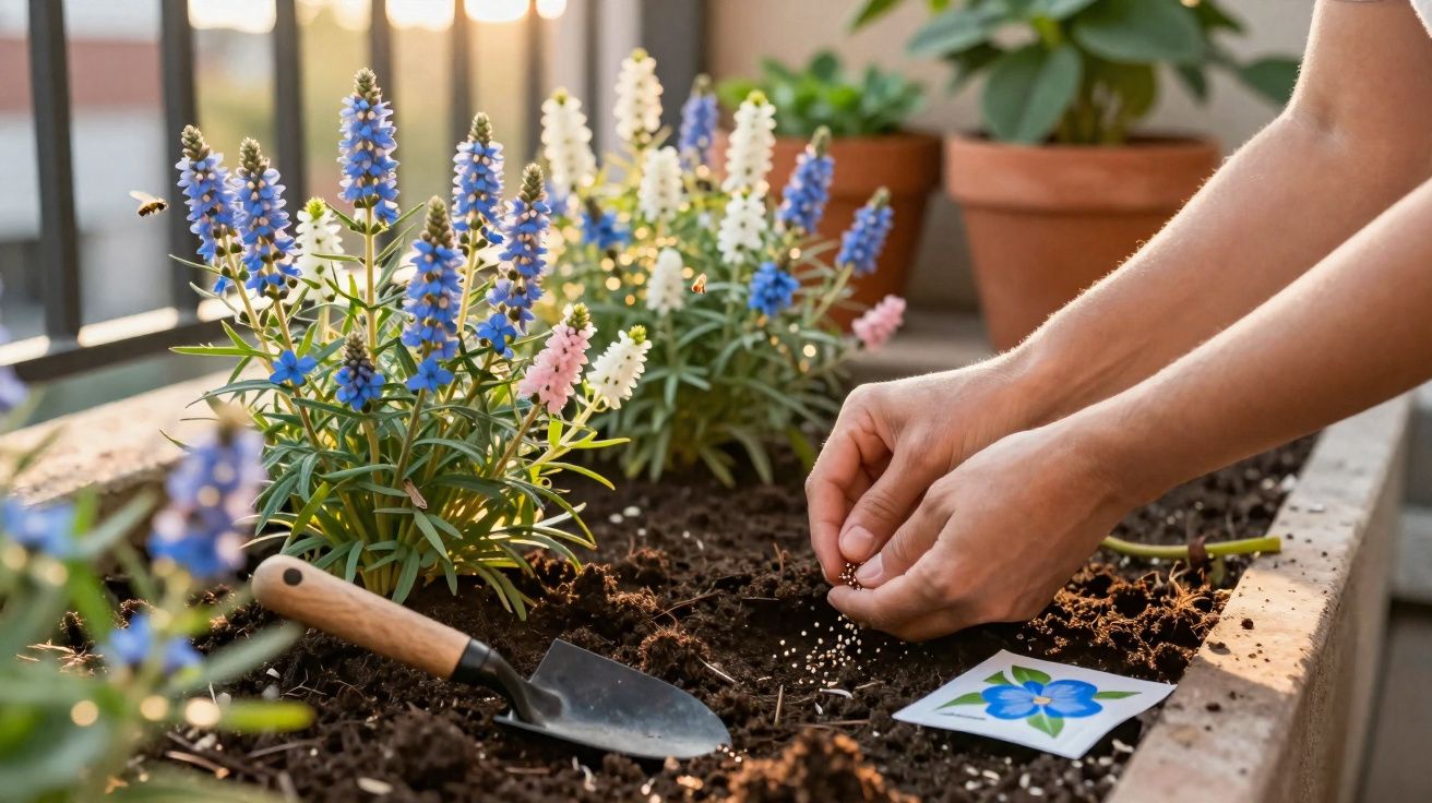 Mãos a plantar sementes na terra junto a flores azuis, brancas e rosas num jardim com luz solar suave.