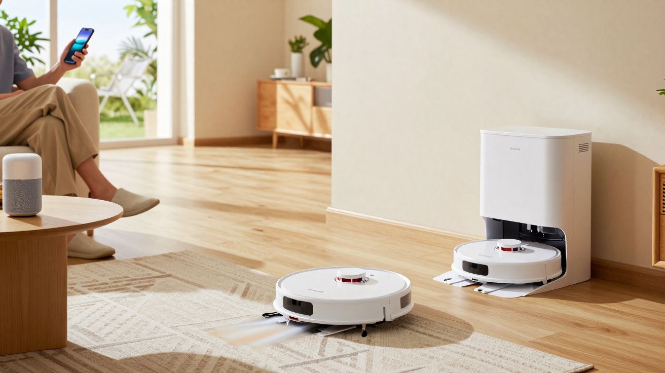 Robô aspirador a limpar tapete numa sala moderna com piso de madeira, controlado por smartphone.