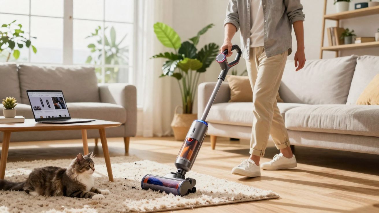 Pessoa a aspirar tapete na sala de estar com aspirador sem fios, gato sentado no tapete e ambiente luminoso.