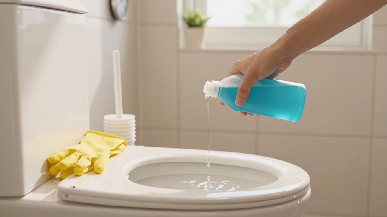 Mão a verter líquido azul de limpeza para dentro de sanita branca num ambiente de casa de banho.