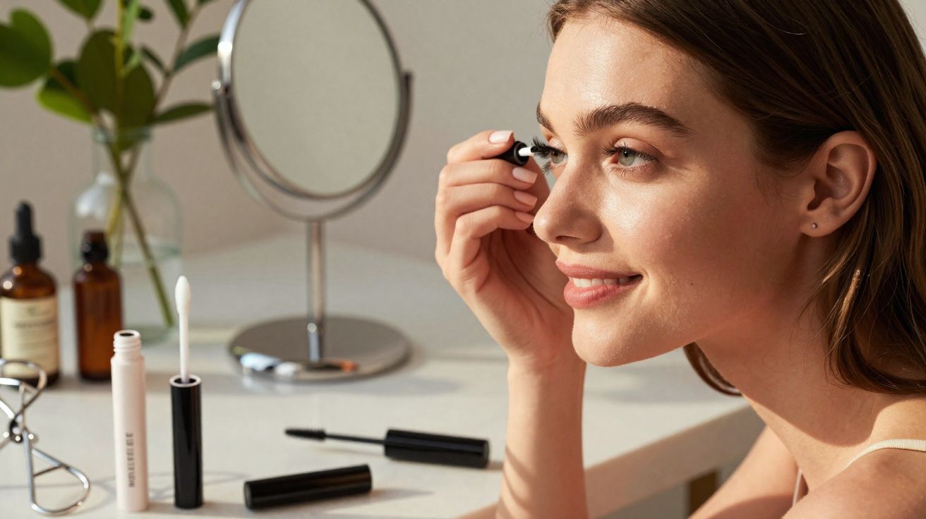 Mulher a aplicar máscara de pestanas junto a espelho e produtos de maquilhagem numa secretária.