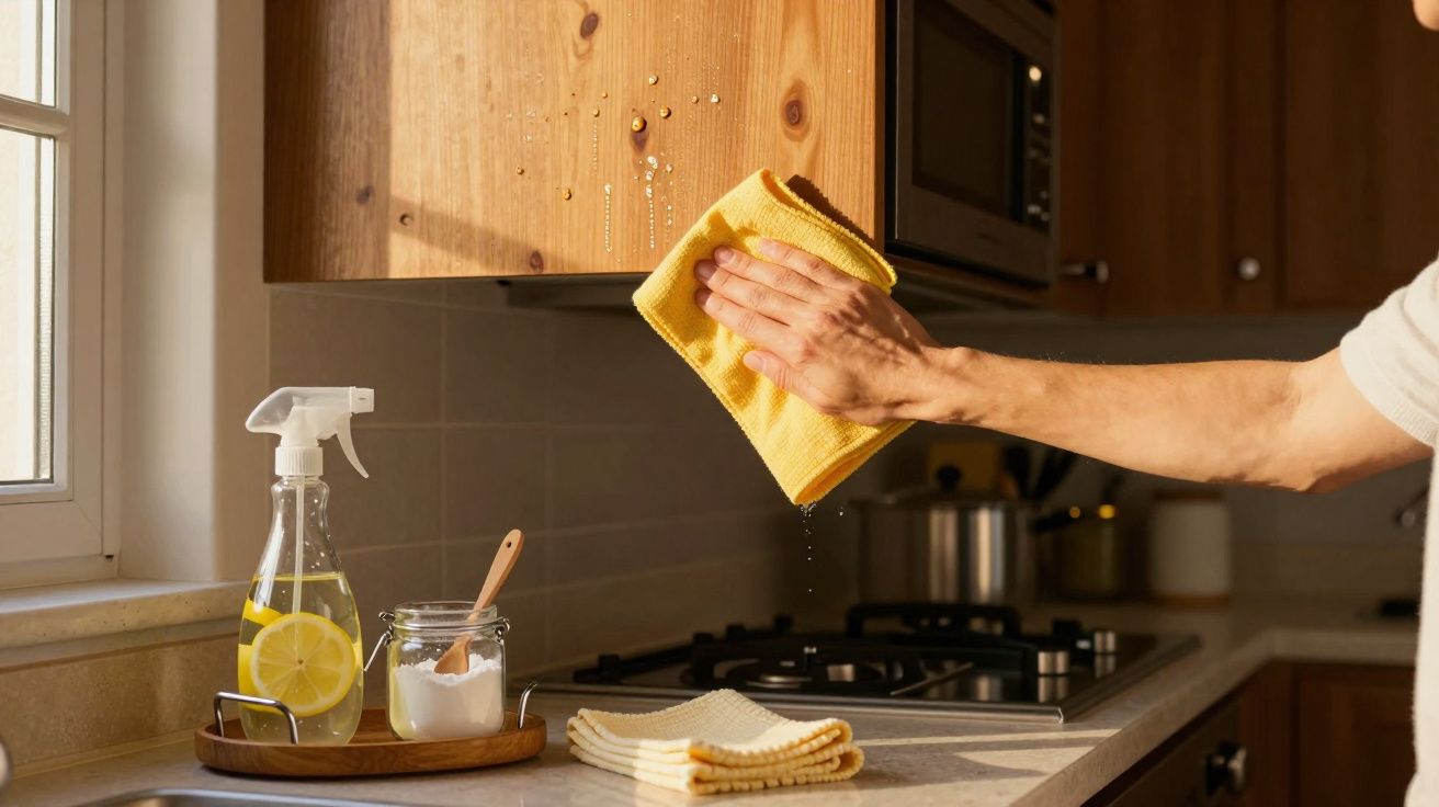 Pessoa a limpar armário de cozinha com pano amarelo, spray caseiro de limão e bicarbonato na bancada.