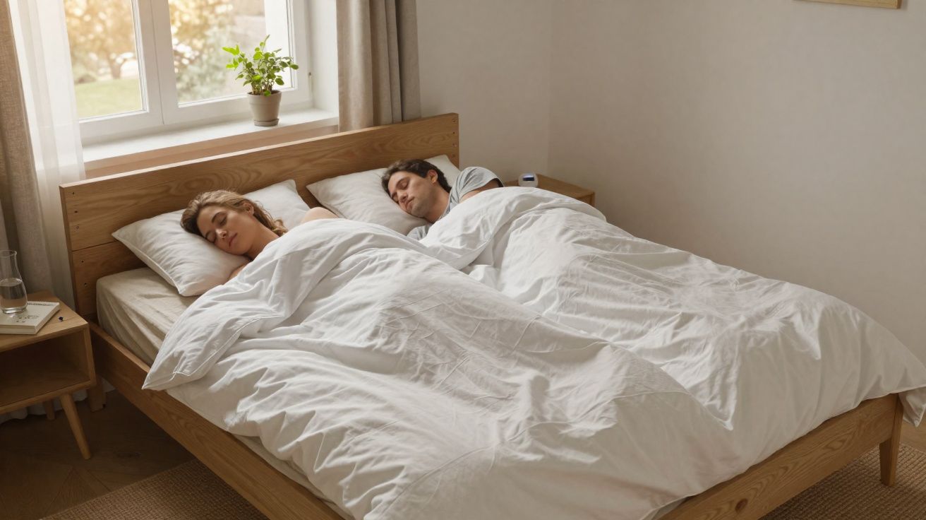 Casal a dormir numa cama de madeira com roupa de cama branca, junto a uma janela com vaso de planta.