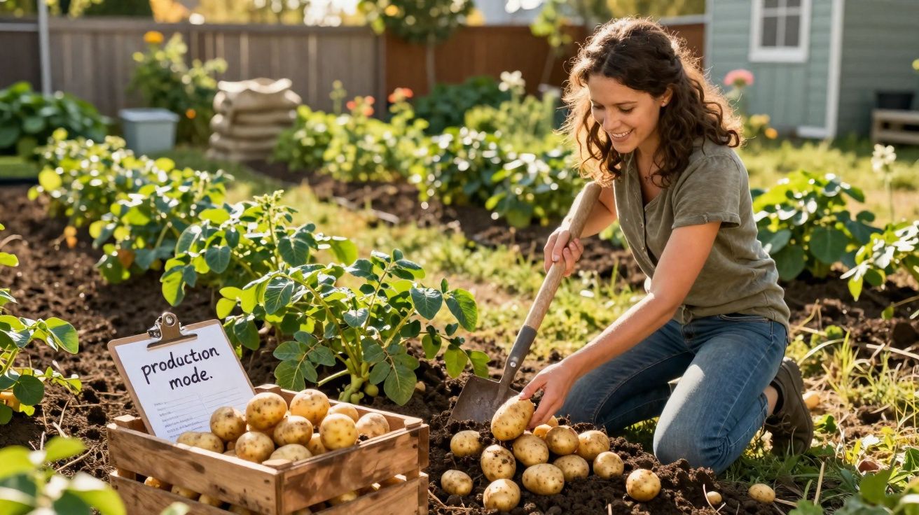 Mulher a colher batatas num campo ensolarado com caixote cheio e placa "production mode".