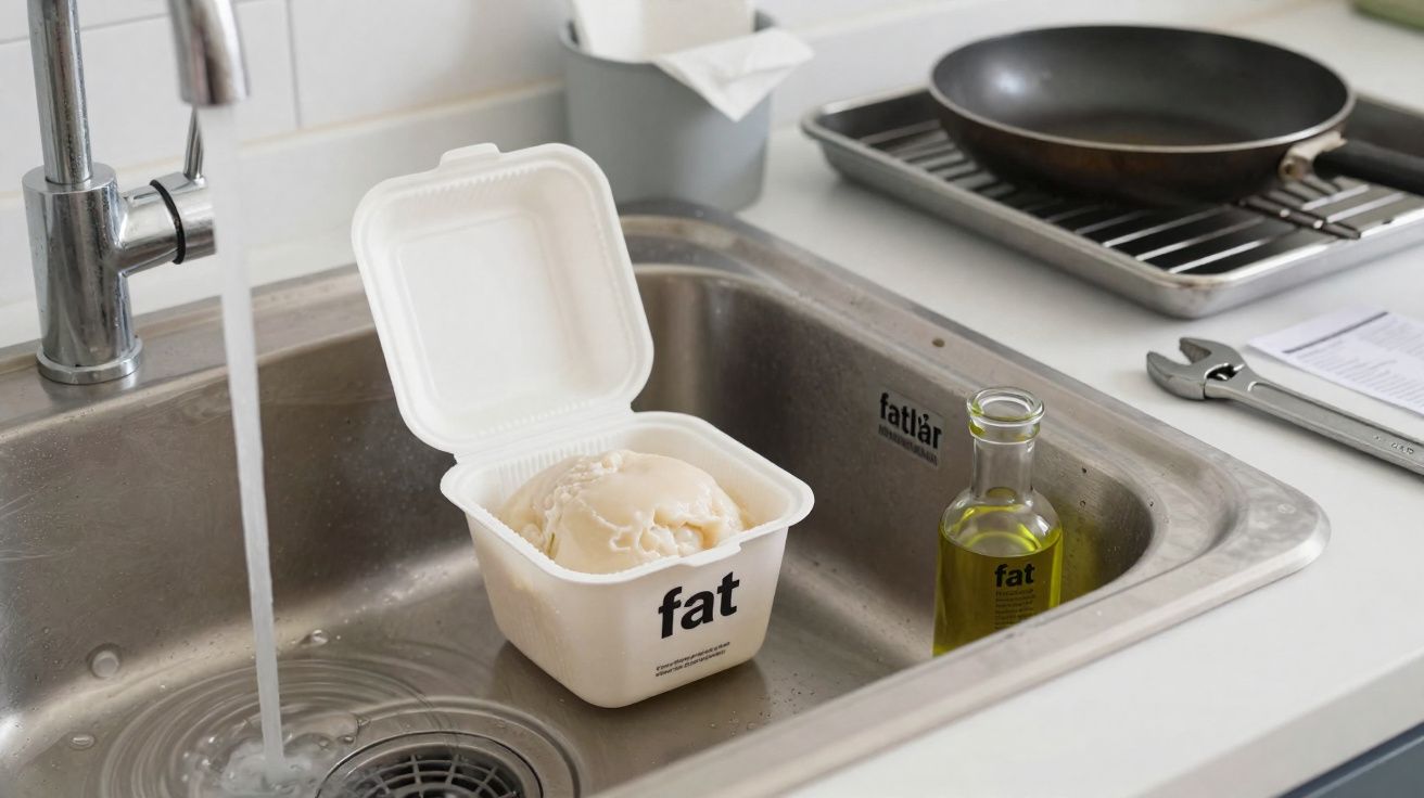 Balde de plástico com manteiga na pia, ao lado de garrafa de azeite, com torneira a correr água.