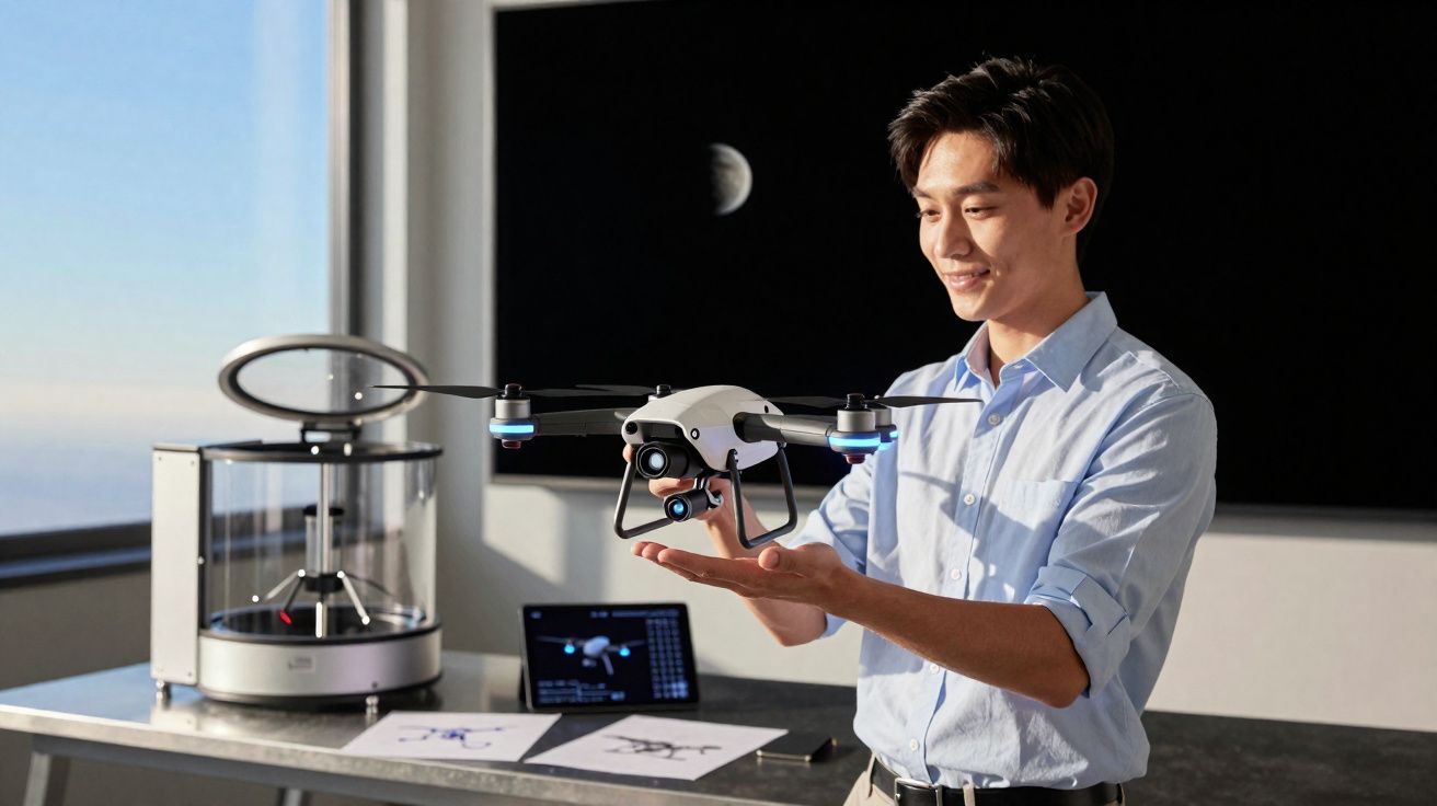 Homem jovem a segurar drone branco com quatro hélices num laboratório tecnológico moderno.