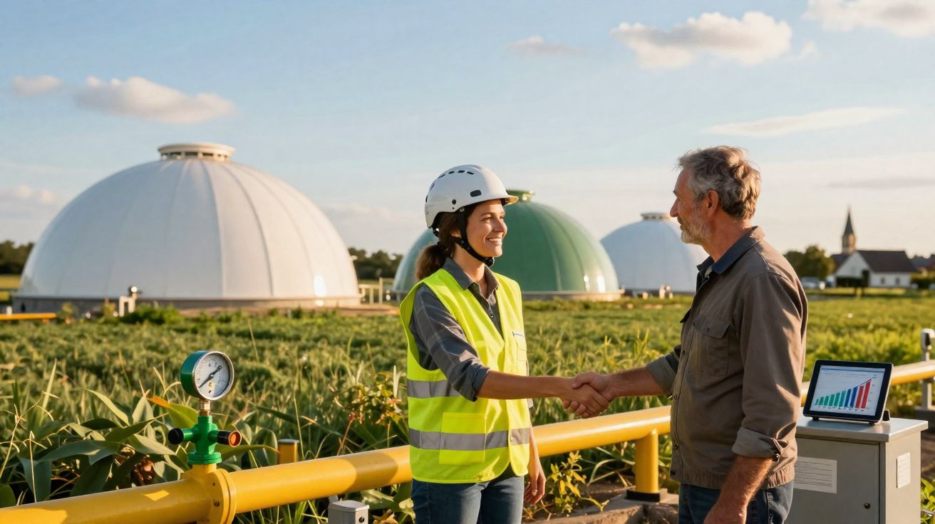 Mulher com colete e capacete a cumprimentar homem num campo com tanques industriais ao fundo.