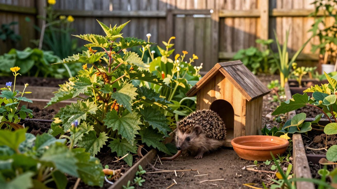 Ouriço a sair de casa de madeira num jardim com plantas e tigela de água ao sol.