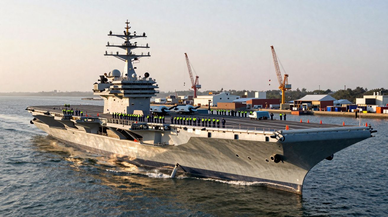 Porta-aviões militar cinzento navegando perto do porto com tripulação na linha do convés.