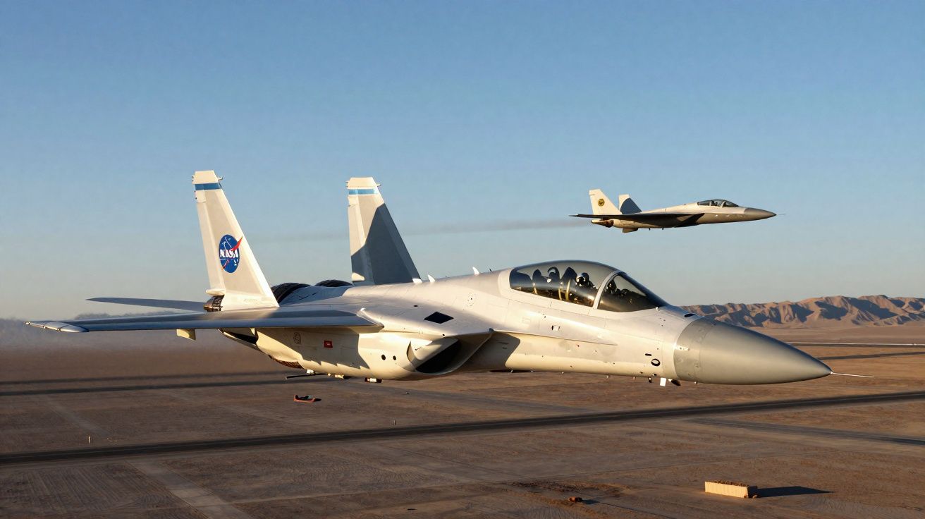 Dois aviões de caça da NASA a voar sobre uma pista de deserto com montanhas ao fundo ao pôr do sol.