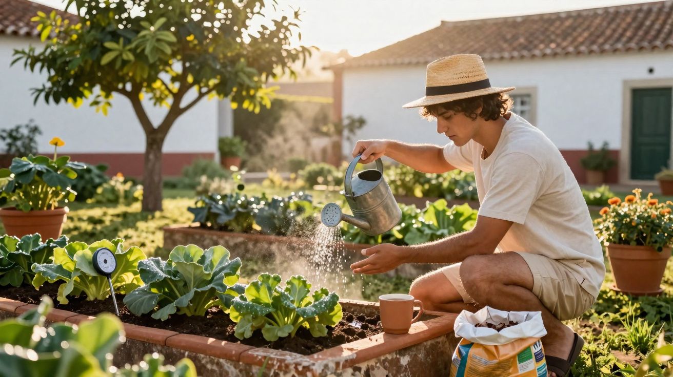 Jovem de chapéu a regar plantas num jardim ensolarado com vasos e uma casa ao fundo.