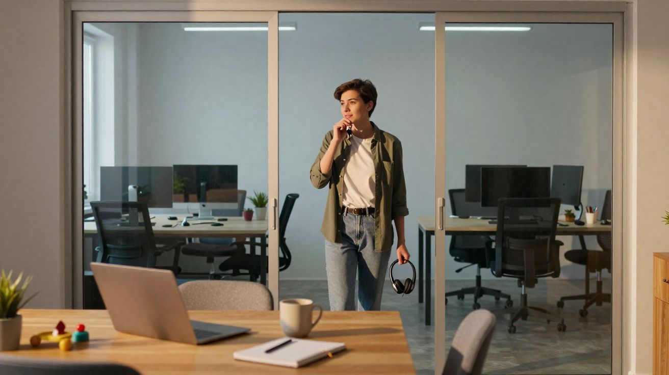 Pessoa jovem em pé a falar ao telefone numa sala de escritório moderna com mesas e computadores.