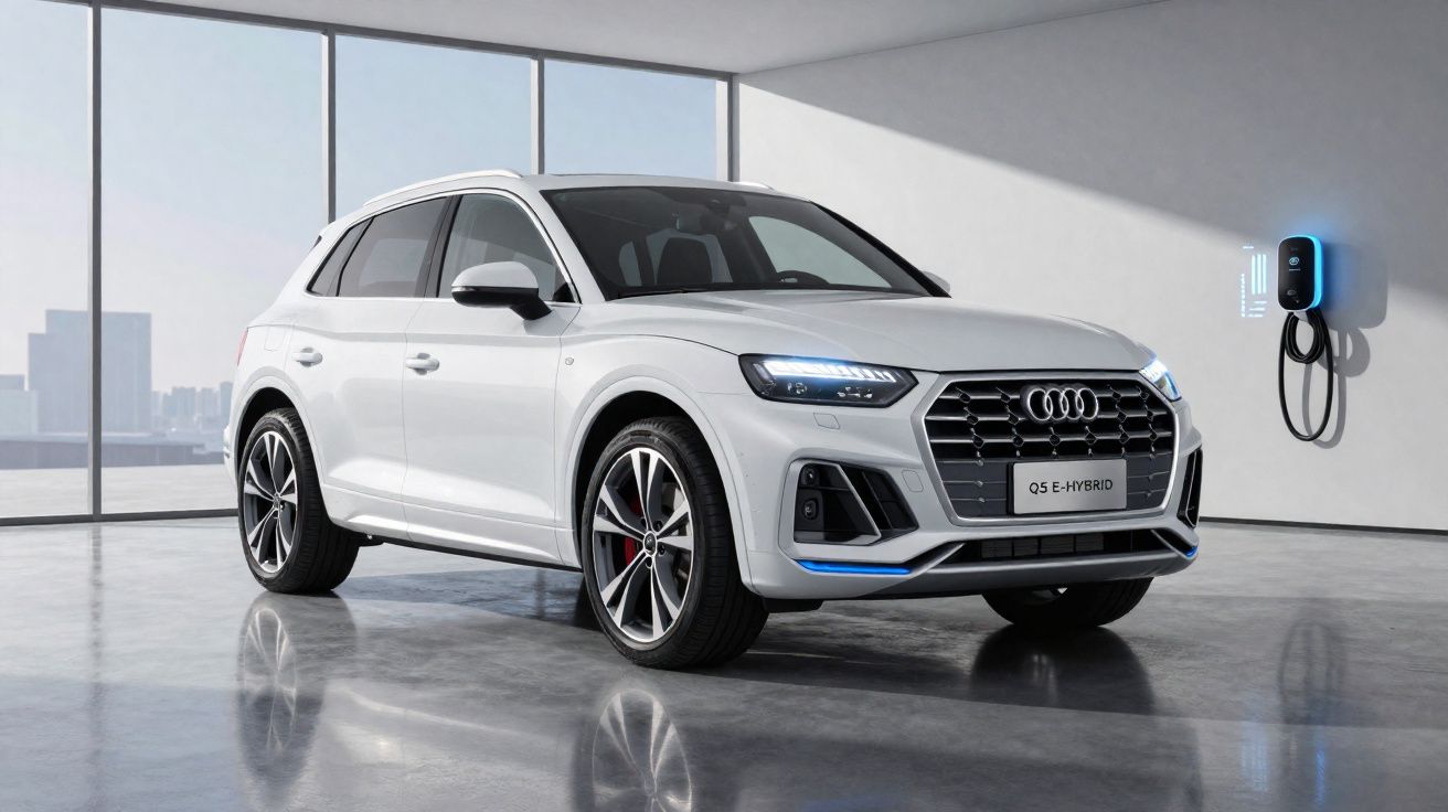 SUV Audi Q5 E-Hybrid branco estacionado em garagem moderna com carregador elétrico na parede.