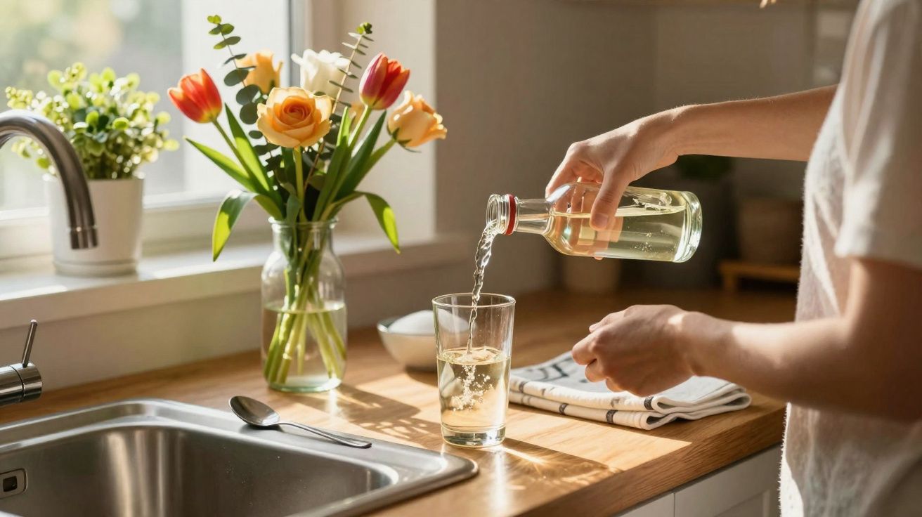 Pessoa a verter bebida clara numa jarra em cozinha com flores no balcão ao sol.