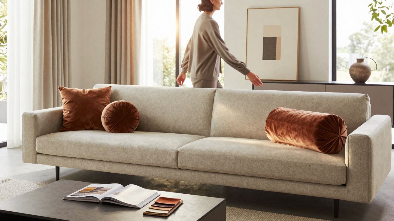Sofá bege com almofadas castanhas em sala iluminada por luz natural, pessoa caminha ao fundo.