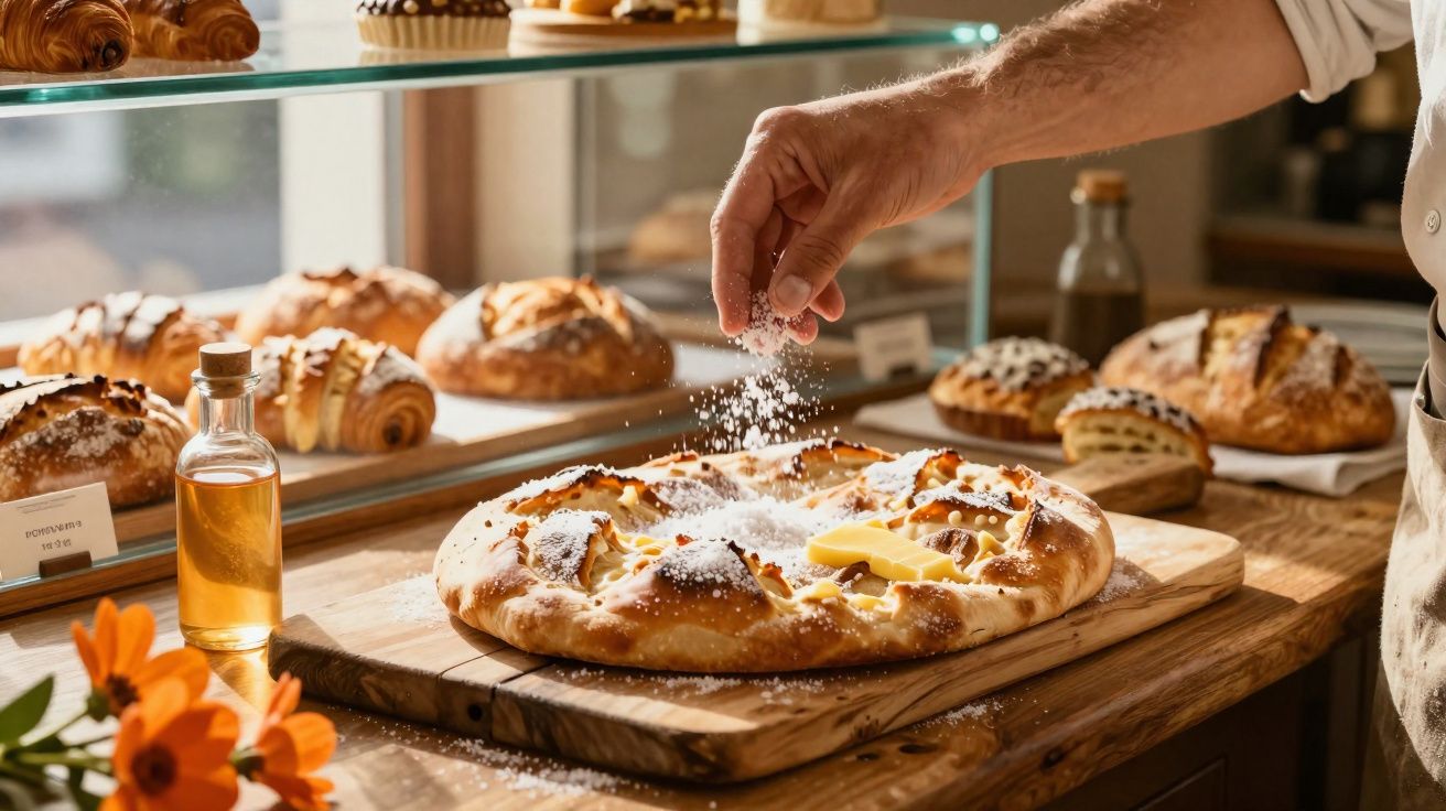 Mão a polvilhar açúcar em pão doce na padaria, com várias outras peças de pão ao fundo sobre vitrinas.