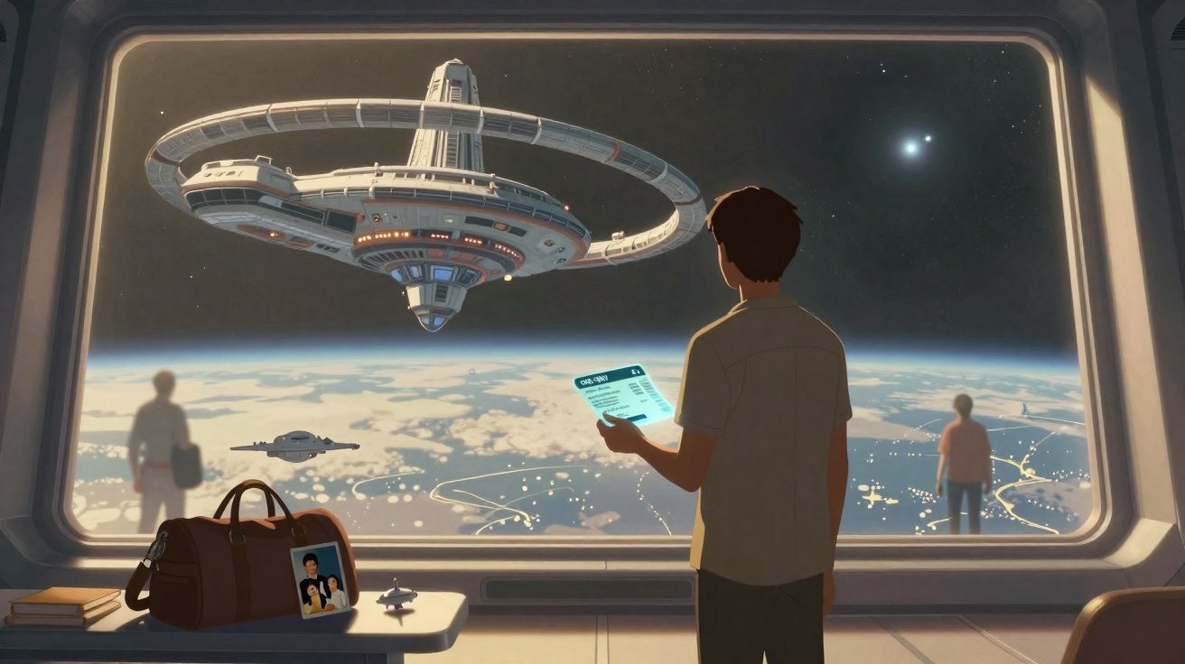 Pessoa observa nave espacial futurista a orbitar um planeta através de janela ampla em estação espacial.