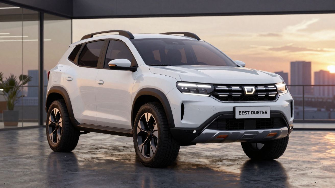 SUV branco Dacia Best Duster estacionado em piso de cimento com vista para arranha-céus ao pôr-do-sol.