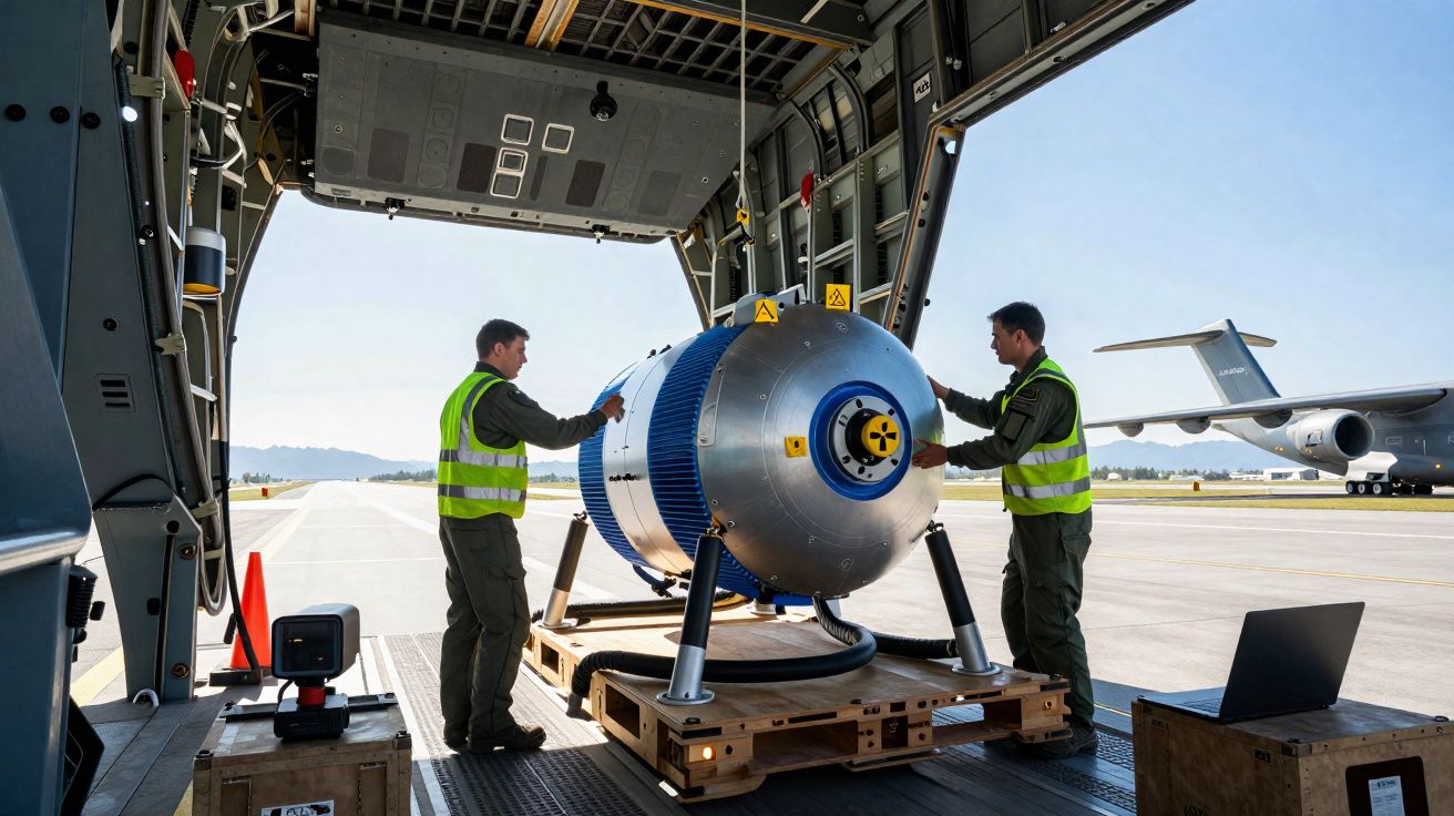 Dois técnicos em coletes de segurança verificam equipamento grande dentro da carga de um avião militar.