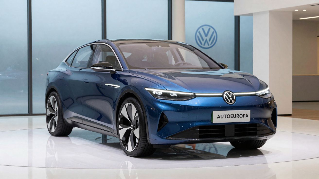 Carro elétrico Volkswagen azul exposto em salão, foco na frente e logótipo visível.