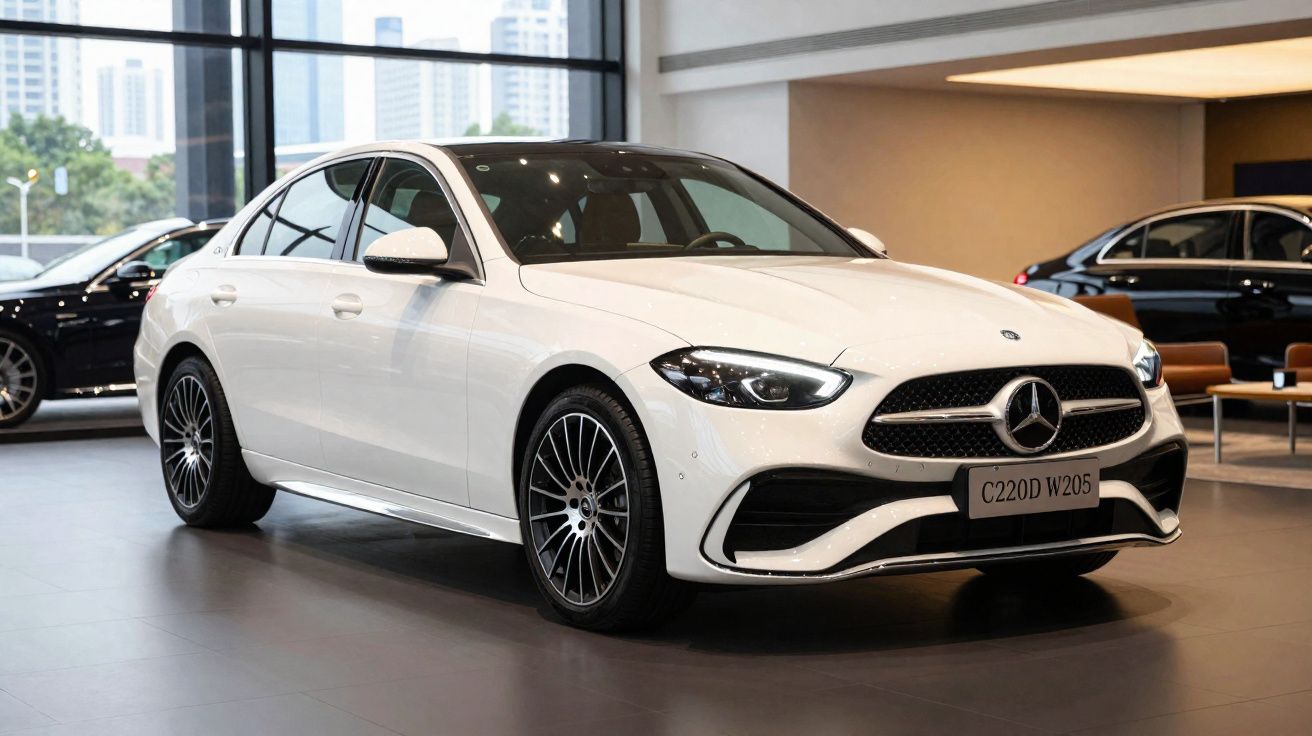 Automóvel Mercedes-Benz C220D W205 branco em exposição num salão com janelas amplas.