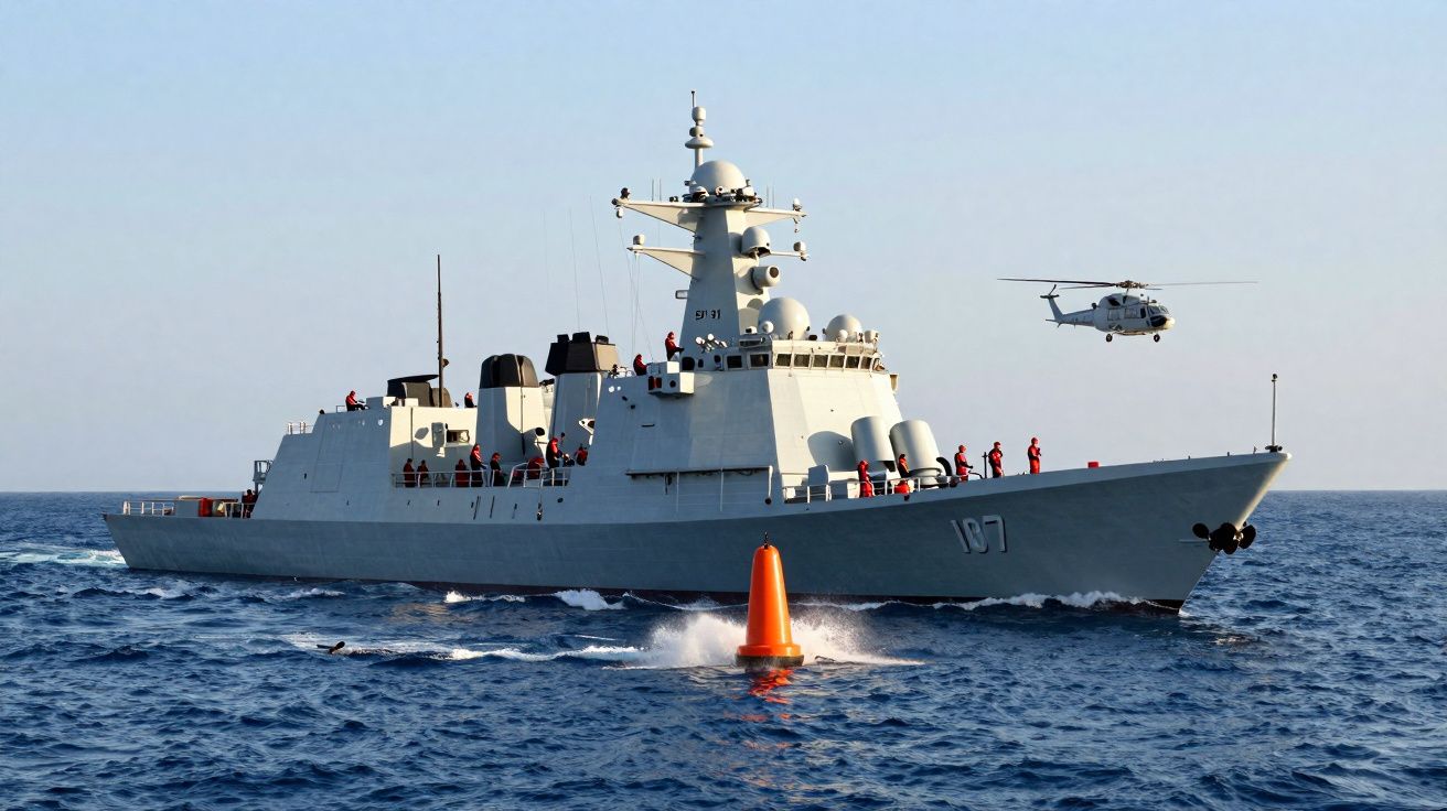 Navio militar cinzento com tripulação a bordo e helicóptero a voar sobre o mar calmo ao pôr do sol.