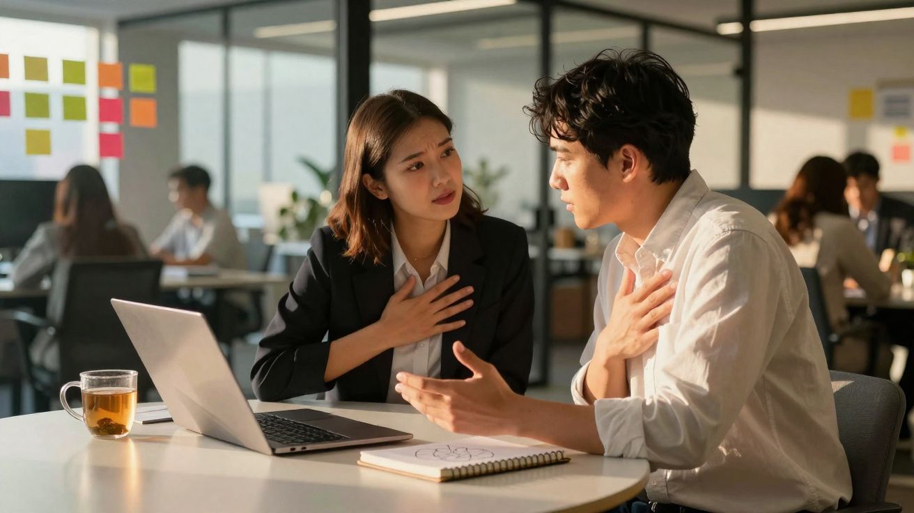 Duas pessoas em escritório discutem seriamente, ambas com a mão no peito, sentadas junto a computador portátil.
