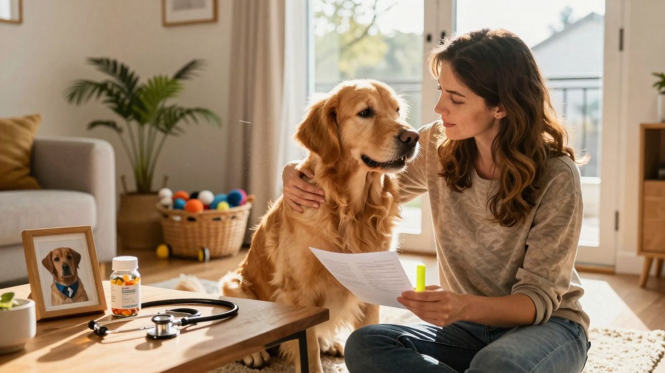 Mulher sentada no chão a acariciar cão golden retriever enquanto lê documento num ambiente de casa.