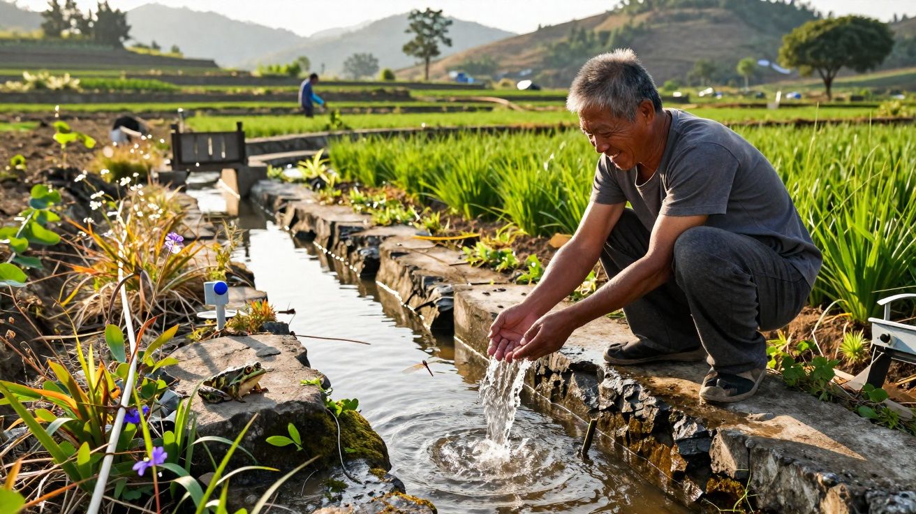 Homem recolhe água num canal estreito entre campos agrícolas verdes, com montanhas ao fundo.